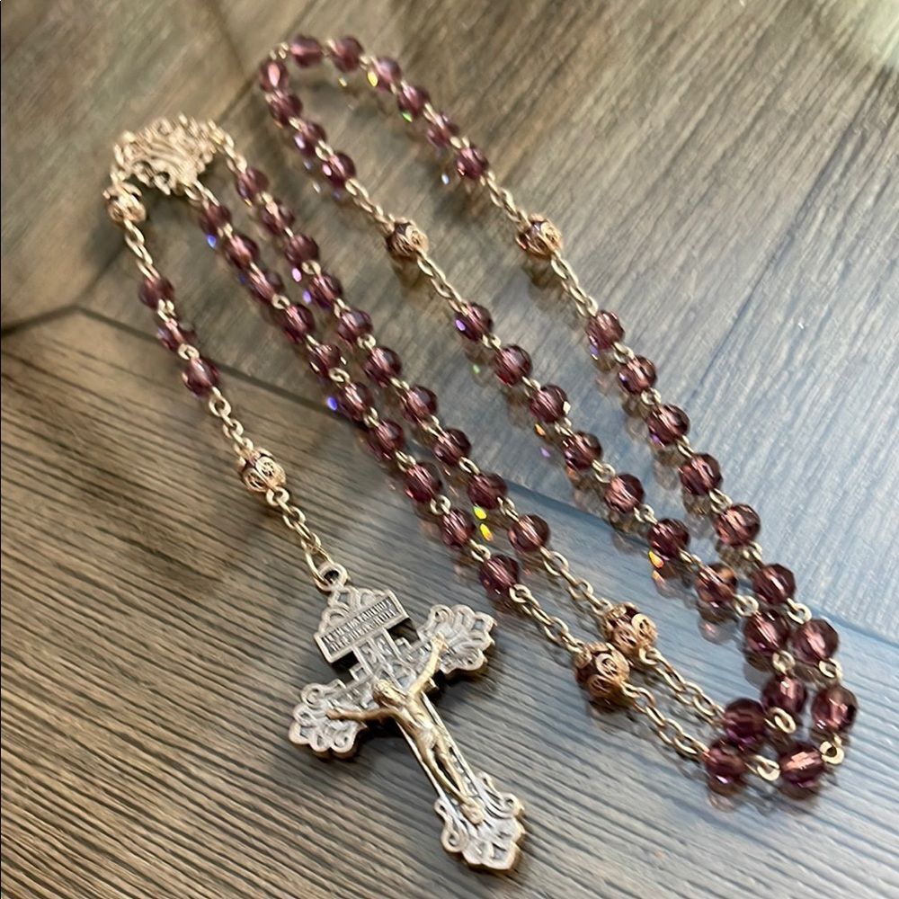 Vintage Purple Cut Crystal Rosary, Filigree Accents